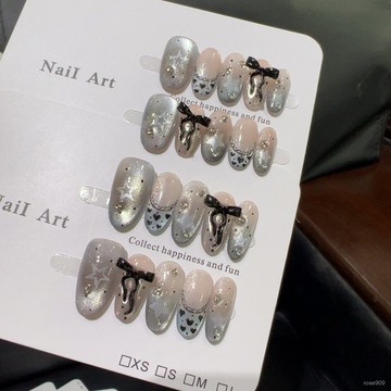 ➕最新設計款穿戴甲💅【銀霧星蝶】可愛藍色漸變珠光銀粉漸變星星立體蝴蝶結愛心穿戴甲短橢圓穿戴甲 OA3B