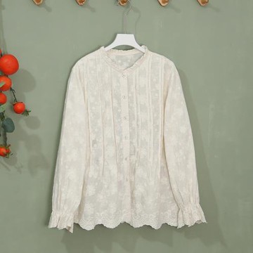 森系木耳邊風琴全身刺繡百搭顯瘦女長襯衫減齡春季小清新文藝襯衣