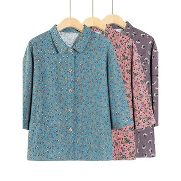 奶奶夏裝全棉襯衫老年人碎花休閑上衣媽媽夏季開衫紐扣中袖襯衣