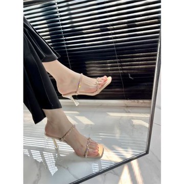 仙女風涼鞋女2024夏季新款綢緞水鉆性感一字帶露趾涼拖鞋細高跟鞋