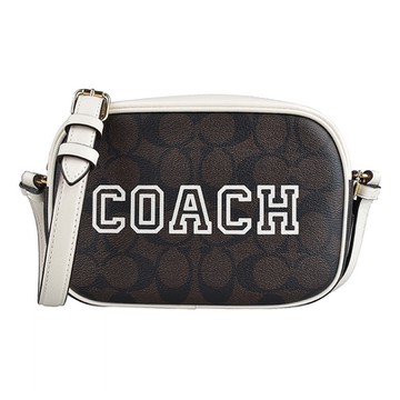 COACH Jamie字母LOGO學院風設計PVC拉鍊斜背相機包(迷你/深棕x白)