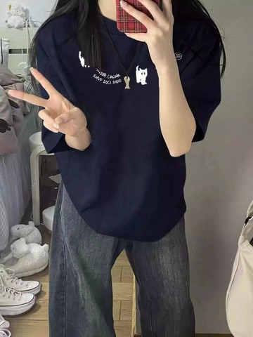 100%純棉美式潮牌小貓印花爆款女生上衣 印花寬鬆情侶短袖T 上衣女 美式t  韓版T 大學T男女夏季寬鬆百搭半袖上衣