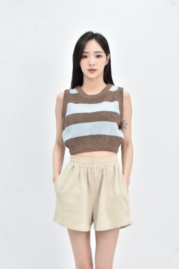 (S) 【作珩私服】修身短版質感針織條紋背心棕色上衣