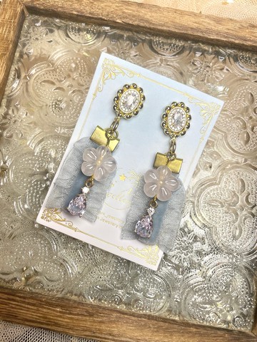 粉晶花花藍緞帶耳環