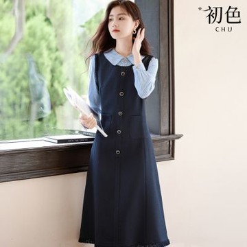 初色 輕奢風簡約顯瘦拼接條紋假兩件POLO領長袖高腰A字裙中長裙連衣裙連身洋裝-藏青色-16416(M-2XL可選)