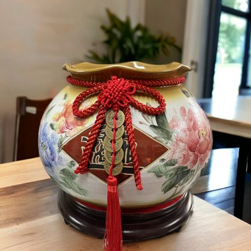 Sweet Heart新品 鶯歌陶瓷❤手工彩繪 特殊窯燒 荷口特大聚寶甕 (富貴牡丹 財運昌盛) 贈 開運符五色水晶套組