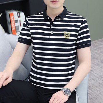 男士條紋短袖T恤Polo打底衫間條男裝休閑半袖新款男式T恤上衣批發