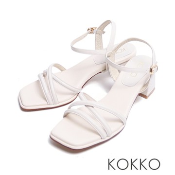 KOKKO氣質方頭線條感柔軟羊皮粗跟涼鞋白色