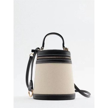2025年夏季撞色盒型迷你單肩斜挎水桶包休閑女包帆布手提復古潮流