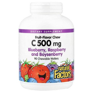 Natural Factors, 水果味維生素 C 咀嚼片，藍莓、樹莓和博伊森莓，500 毫克，90 片咀嚼片