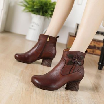 553真皮圓頭短靴側拉鏈休閑純色裸靴防水臺馬丁靴高跟單靴中跟