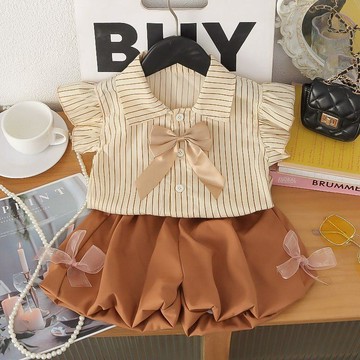 🎀biubiu童裝🎀女童套裝夏季新款學院風短袖小女孩條紋小飛袖上衣花苞短褲兩件套