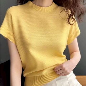 胖胖美依 上衣 T恤 短袖上衣 淡黃色短袖t卹夏季新款掐腰上衣多巴胺穿搭冰絲上衣T362-5762.