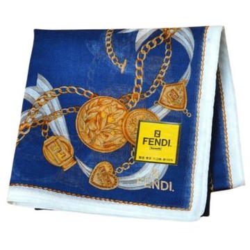 FENDI 品牌金屬鏈條緞帶奢華風格字母LOGO帕巾(深藍系/46CM)