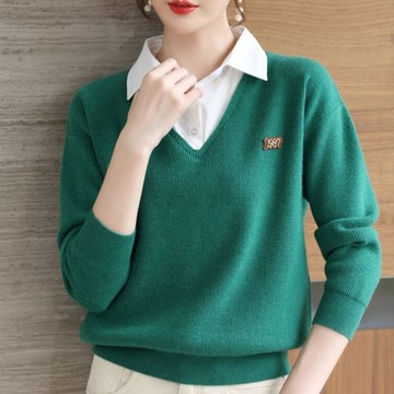 La Belleza假兩件白色襯衫領拼接1987標籤螺紋針織毛衣