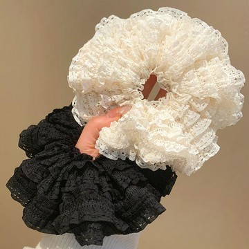 白色蕾絲大腸髮圈 蕾絲花邊髮圈 雙層頭飾髮繩 復古馬尾綁髮少女甜美氣質造型配件髮飾 女生髮圈 甜美蕾絲頭飾 女生髮飾