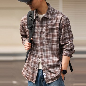 Wuluwear 蘇格蘭格紋長袖襯衫男士寬鬆日系復古Vintage格子襯衫春
