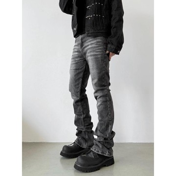 微喇緊身牛仔褲男美式高街vibe風水洗黑灰長褲男