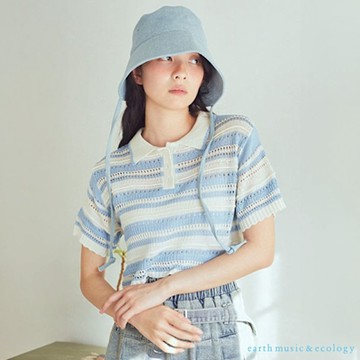 【earth music】配色條紋短袖鏤空針織POLO衫