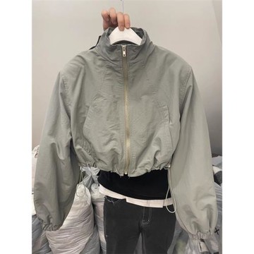 韓國東大門2025春秋新款立領拉鏈抽繩高腰短款小個子休閑外套女潮