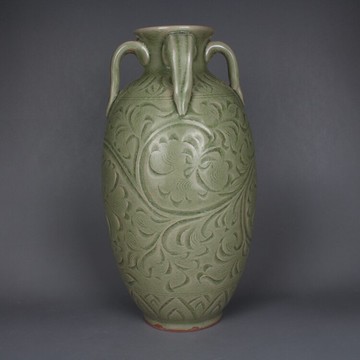 宋越窯秘色瓷青釉刻花紋四系瓶 古玩古董陶瓷器仿古收藏品擺件