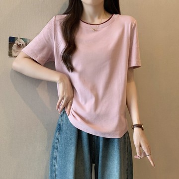 A6142L_夏裝新款胖mm大碼時尚百搭顯瘦撞色拼接辣妹短袖T恤
