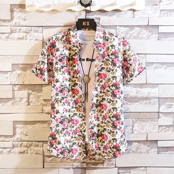 短袖襯衫男士春夏韓版時尚印花修身休閑發型師碎花半袖襯衣潮