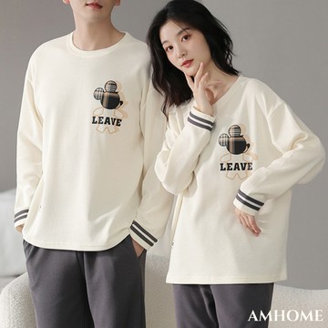 【Amhome】純棉情侶睡衣男女圓領長袖華夫格薄家居服2件式休閒套裝# 119090 (現貨+預購)