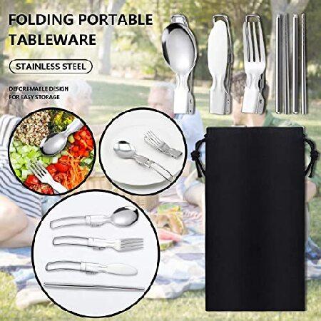 KitchenMade Pack Reusable Flatware Sets Knife, Fork, Spoon, Chopsticks, Stainless Steel Folding Utensil Set ＆ Nylon Storage Bag ，Ultralight Utensi