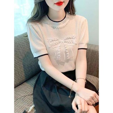 巴酷森2023夏季新款圓領短袖手工蕾絲蝴蝶結釘珠針織打底衫女上衣