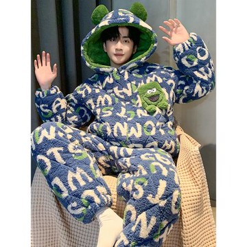 三層夾棉睡衣男冬季款加厚加絨珊瑚絨青年男生帶帽男士冬天家居服