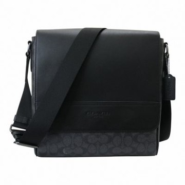 COACH  拼接皮革男款斜背郵差包(炭黑灰)中款