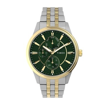 【TIMEX】天美時 Chicago 45毫米 多功能小錶盤 雙色不鏽鋼錶帶腕錶(綠x金銀 TXTW2Y21400)