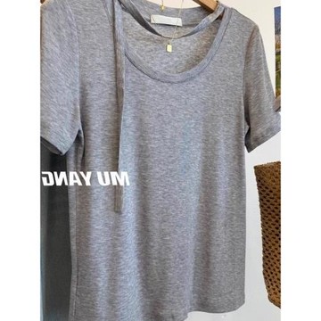 (免運)圓領針織灰色冰絲短袖t恤女夏季薄款寬松百搭設計感小眾綁帶上衣