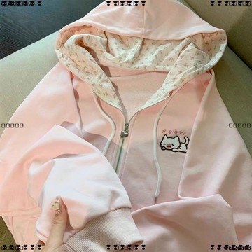 超實惠 十 女外套 衛衣外套 帽T 薄款小碎花日系貓咪刺繡連帽開衫衛衣女春秋韓版寬鬆拉鍊可愛外套