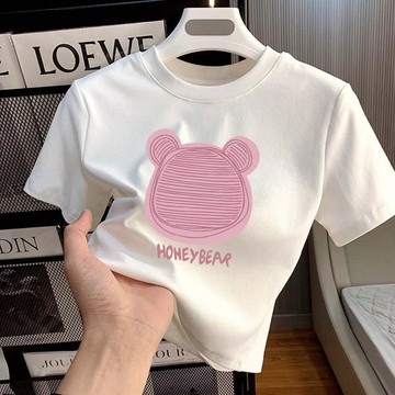 白色 HONEYBEAR 小熊短版上衣 短袖 短上衣 短袖上衣 白色上衣 修身上衣 百搭 印花 t恤 短版T恤 短版上衣