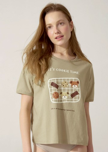 上衣_療癒烘焙．純棉五分袖滾邊居家睡衣(裸麥棕-烤餅乾)