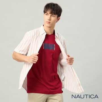 Nautica 官方旗艦 男裝 直條紋鈕扣領短袖襯衫-粉紅/白色