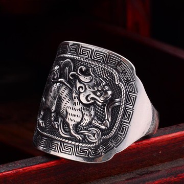 足銀招財貔貅戒指復古銀霸氣個性時尚潮男士女款寬面食指指環配飾