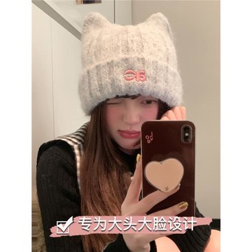 貓耳朵帽子女冬大頭圍針織帽可愛保暖防寒加厚刺繡包頭護耳毛線帽