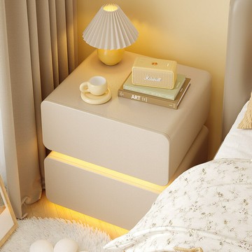床頭櫃 免運 速發 附發票 置物櫃 床邊櫃 收納櫃 置物架  懸浮床頭櫃奶油風實木帶燈極簡家用臥室高級感床邊儲物櫃簡約現代
