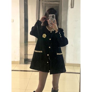 秋冬新款楊小卷羽絨鉆領小香風女春季金絲羊毛編織中長款釘珠外套