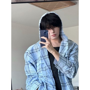 春秋寬鬆休閒連帽格子襯衫男士設計感慵懶風潮流工裝薄外套上衣男