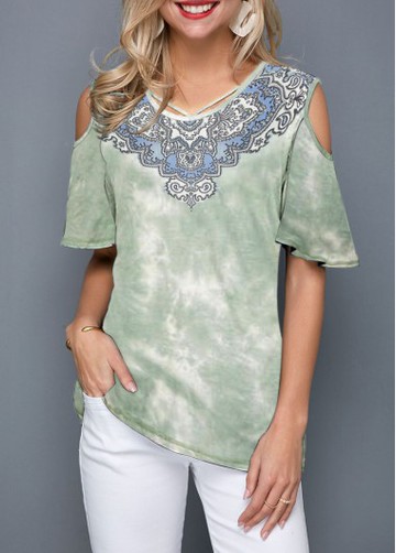 Cold Shoulder Half Sleeve Printed T Shirt
