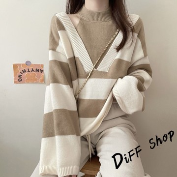 韓版假兩件露肩寬鬆條紋針織上衣【W534】