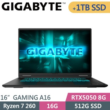 技嘉 GAMING A16 3THK3TW893SH-SP2 黑(R7 260/16G/512G+1TB/RTX5050 8G/W11/16)特仕筆電