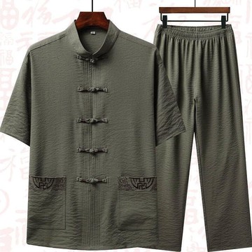 夏季短袖唐裝男士休閒套裝中國風男裝爸爸夏裝爺爺漢服中老年衣服