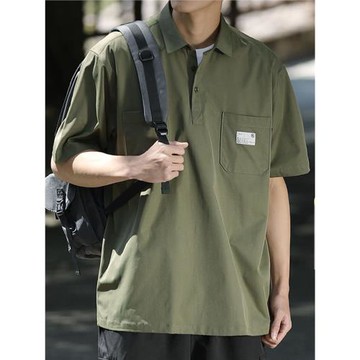 夏季短袖工裝襯衫男美式休閑polo衫套頭襯衣寬松大碼純色男上衣潮