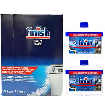洗碗機洗劑 FINISH 1.5公斤軟化鹽*2盒+250ml洗碗機機體清潔劑-檸檬*2(平輸品)