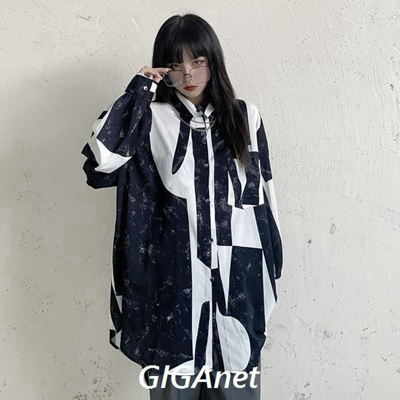 幾何学柄 モノトーン 長袖 シャツ ビッグシルエット ルーズ レトロ カジュアル 白黒 韓国系 ストリート系 ストリートファッション レディース ガールズ 通販 Lineポイント最大0 5 Get Lineショッピング